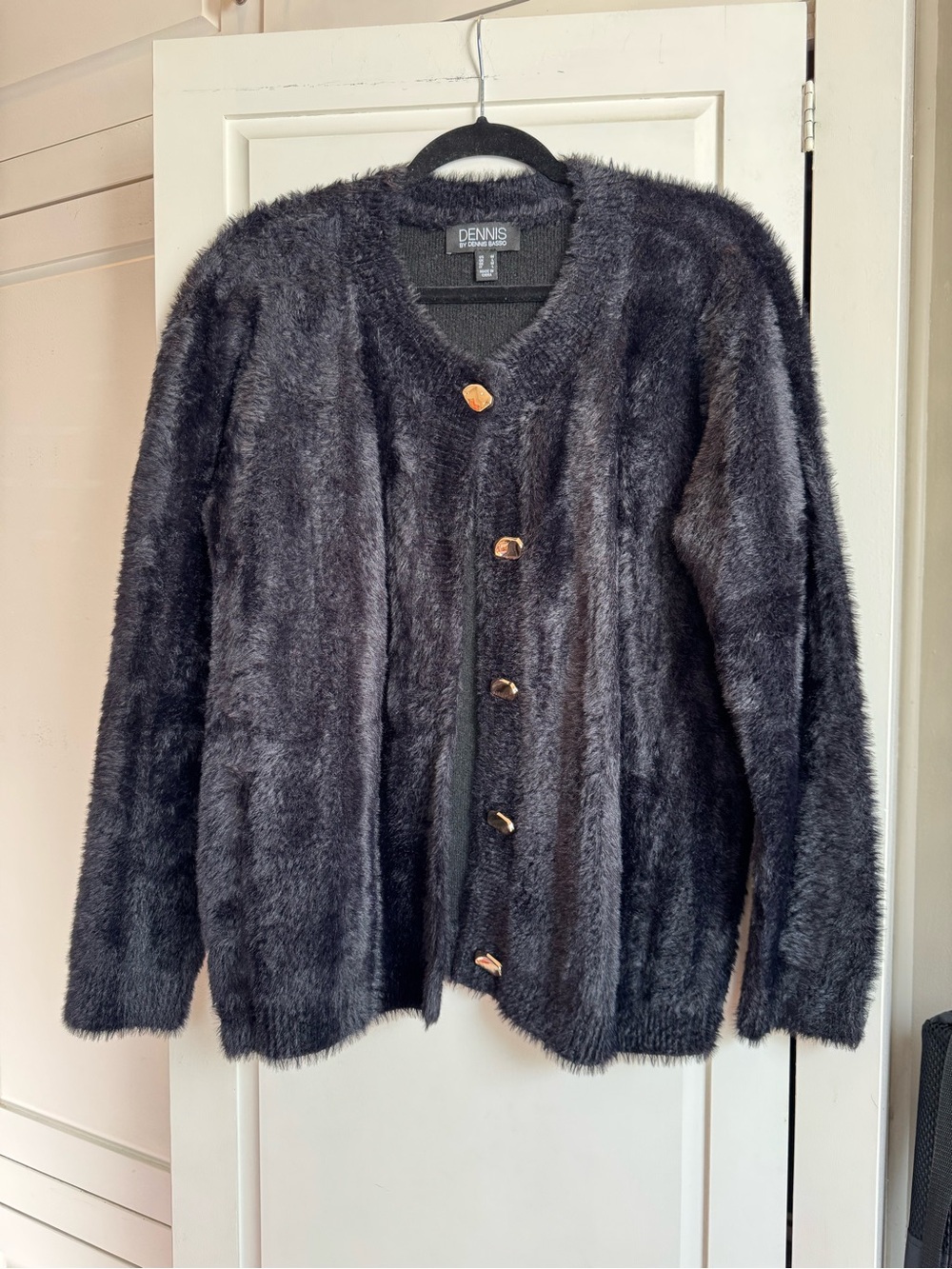 NWOT dennis basso Black Faux-Fur Button Front Cardigan with Gold Buttons